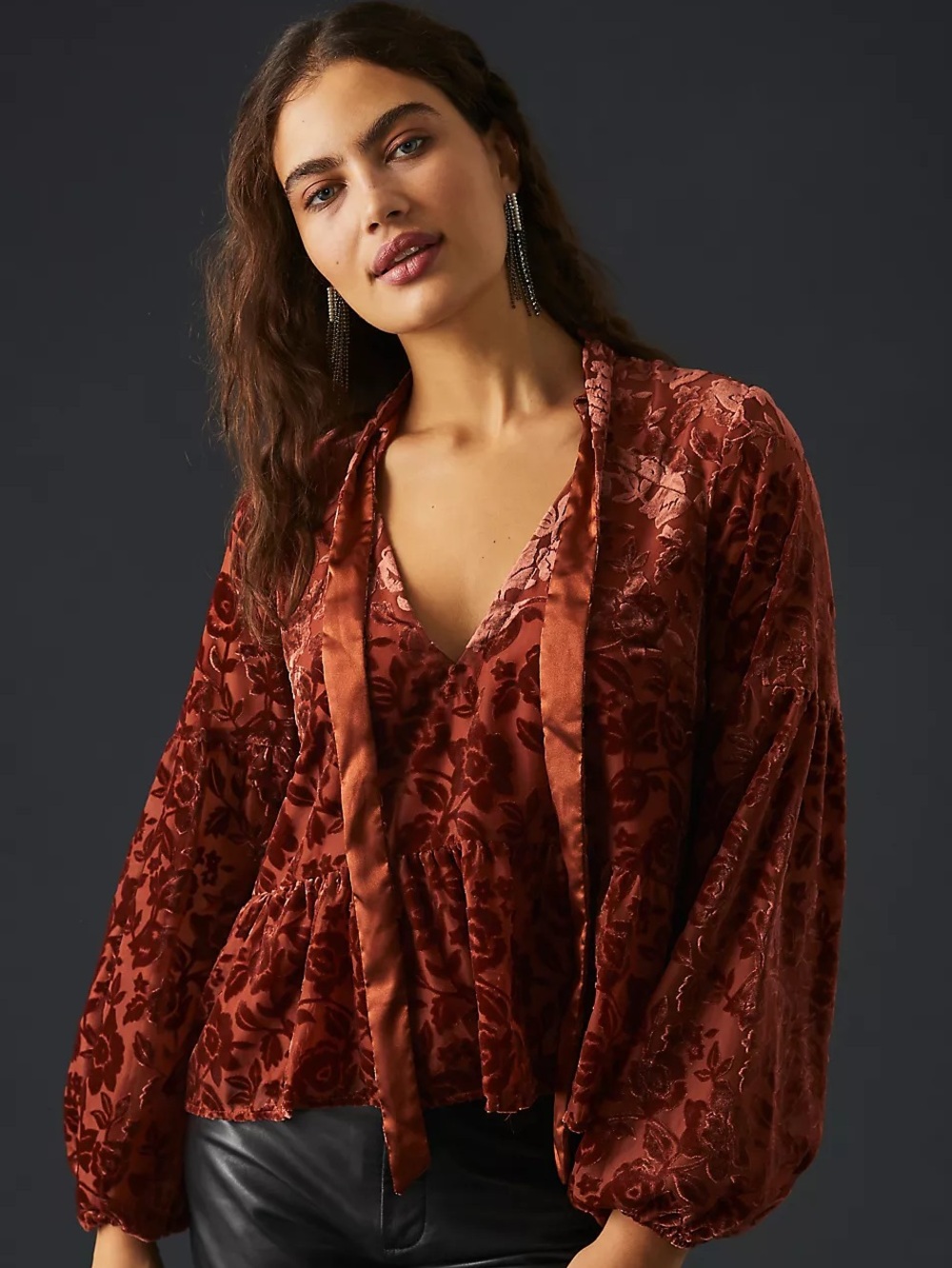 Anthropologie Velvet Tie-Neck Rust Floral Burnout Peplum Blouse 
Size L NWT